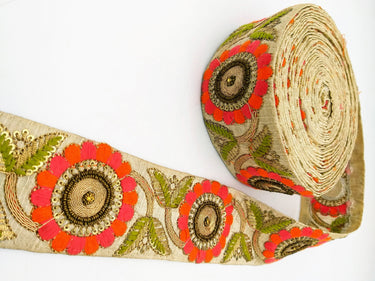 Beige Art Silk Lace Trim, Floral Embroidery in Green, Pink and Orange